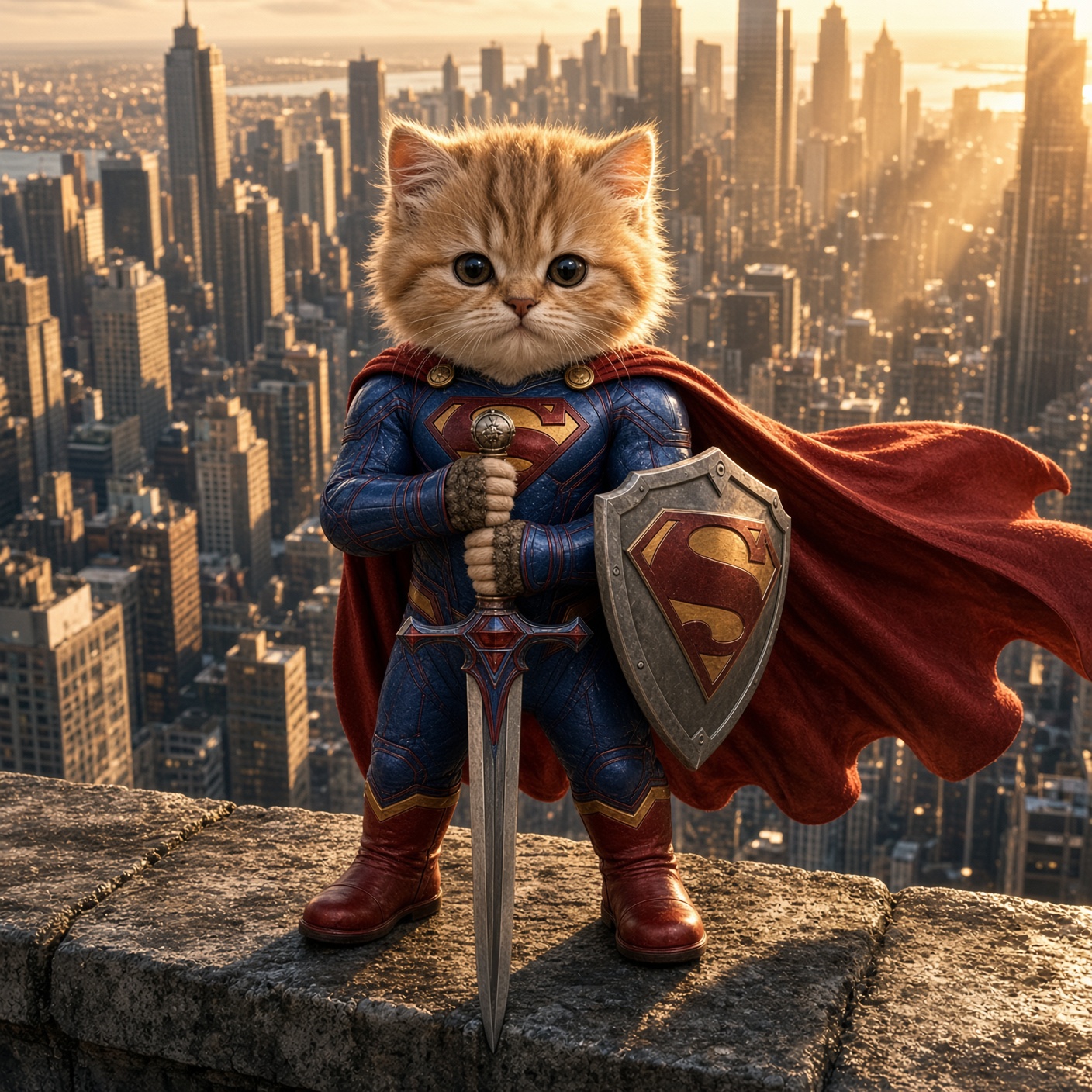 Super Swordcat standing on a rooftop at sunset with his sword planted